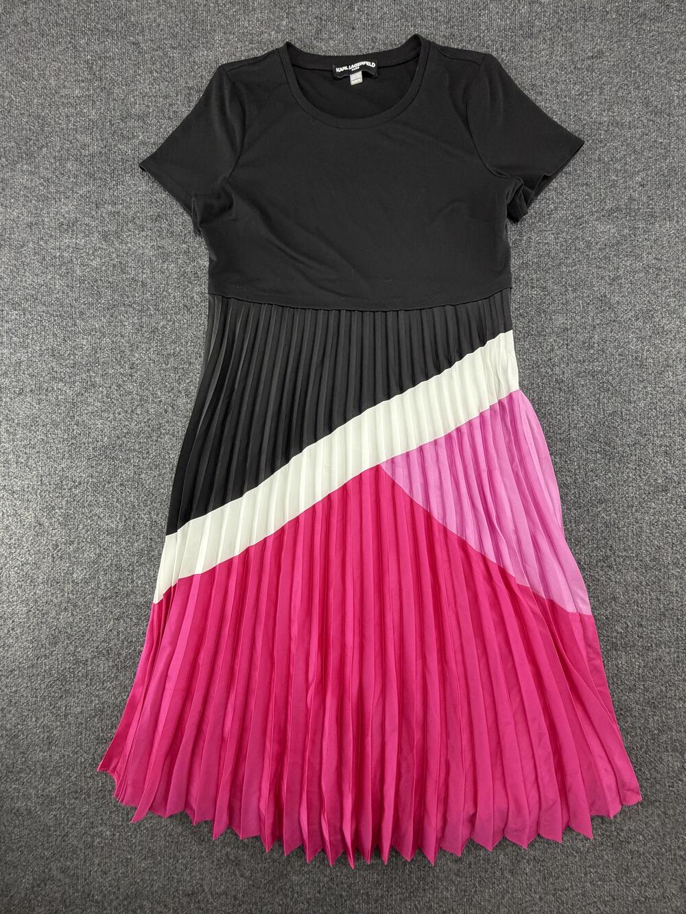 Karl Lagerfeld Paris Dress Womens XL Black Pink Colorblock Pleated T-Shirt Long